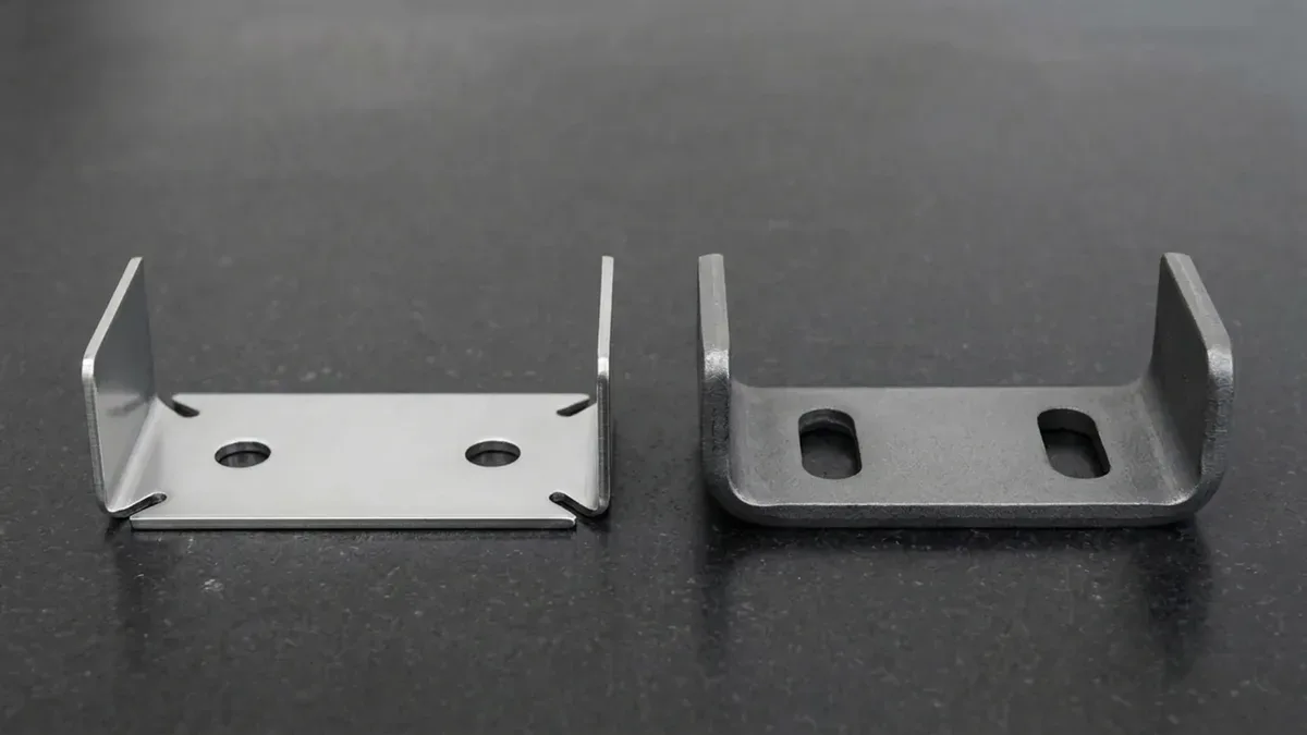 Press brake formed 1.5mm cold-rolled SPCC steel U-channel bracket beside a 5.0mm hot-rolled SPHC steel U-bracket