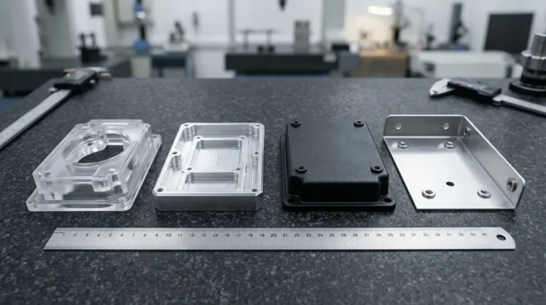 Multi-Process Hardware Prototyping Showcase with SLA Resin Cover, CNC Aluminum Chassis, Molded Enclosure, and Sheet Metal Bracket Lying Flat on Granite Surface Plate