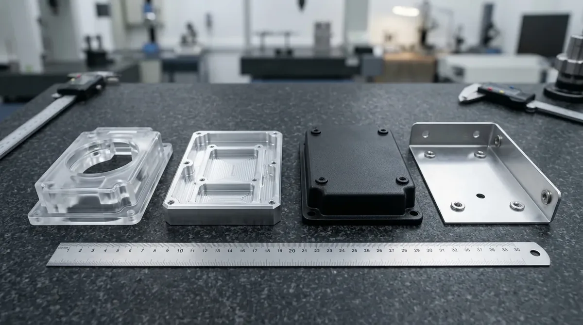 Multi-Process Hardware Prototyping Showcase with SLA Resin Cover, CNC Aluminum Chassis, Molded Enclosure, and Sheet Metal Bracket Lying Flat on Granite Surface Plate