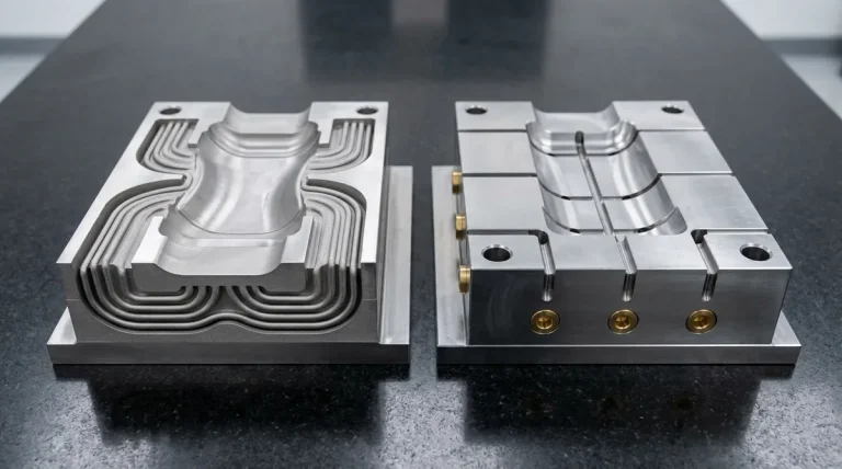 Conformal cooling DMLS 1.2709 maraging steel versus conventional H13 mold inserts lying flat on granite plate