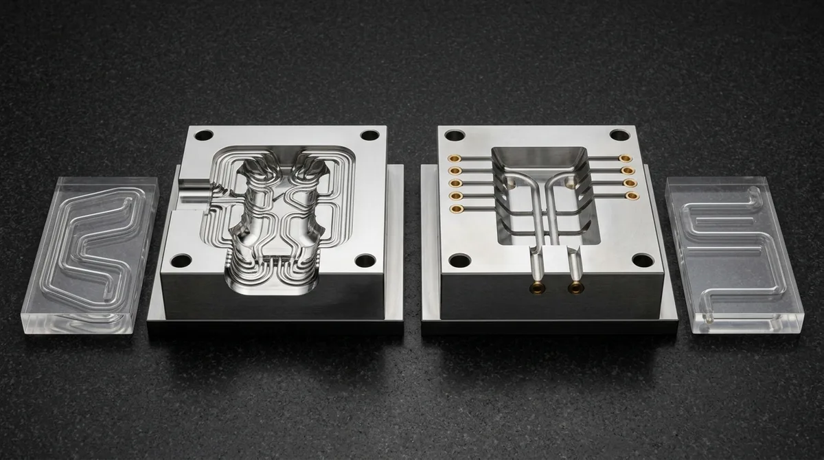Direct side-by-side comparison of conformal cooling mold insert and conventional gun-drilled mold insert lying flat on granite plate