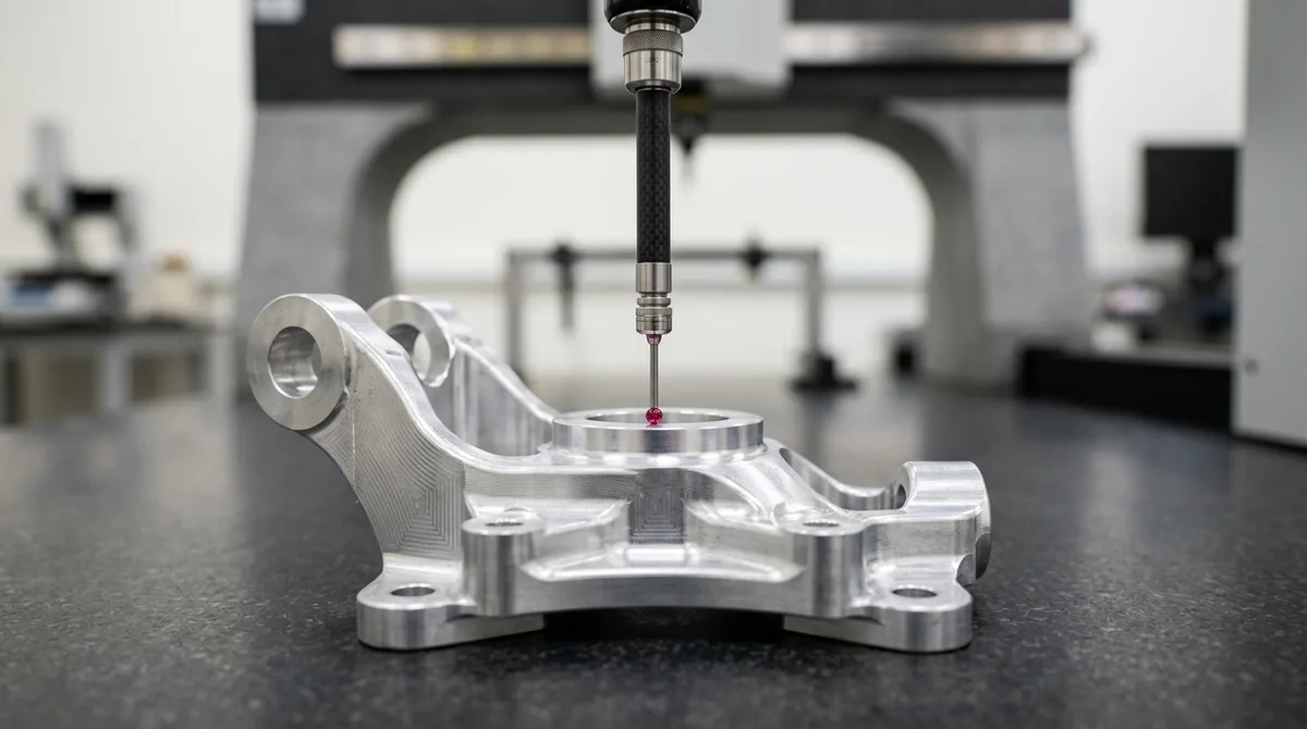 Bridge CMM tactile ruby probe verifying Datum A reference plane and bearing bore true position on precision machined suspension knuckle