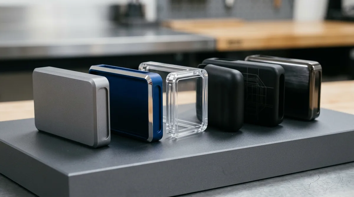 Lineup of exhibition-grade cosmetic hardware prototypes showcasing bead blasted anodized finishes, SPI A-1 polished clear acrylic, and matte black coating
