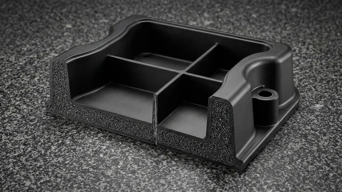 Macro cross-section cutaway of structural foam Reaction Injection Molded polyurethane showing dense skin and cellular core.