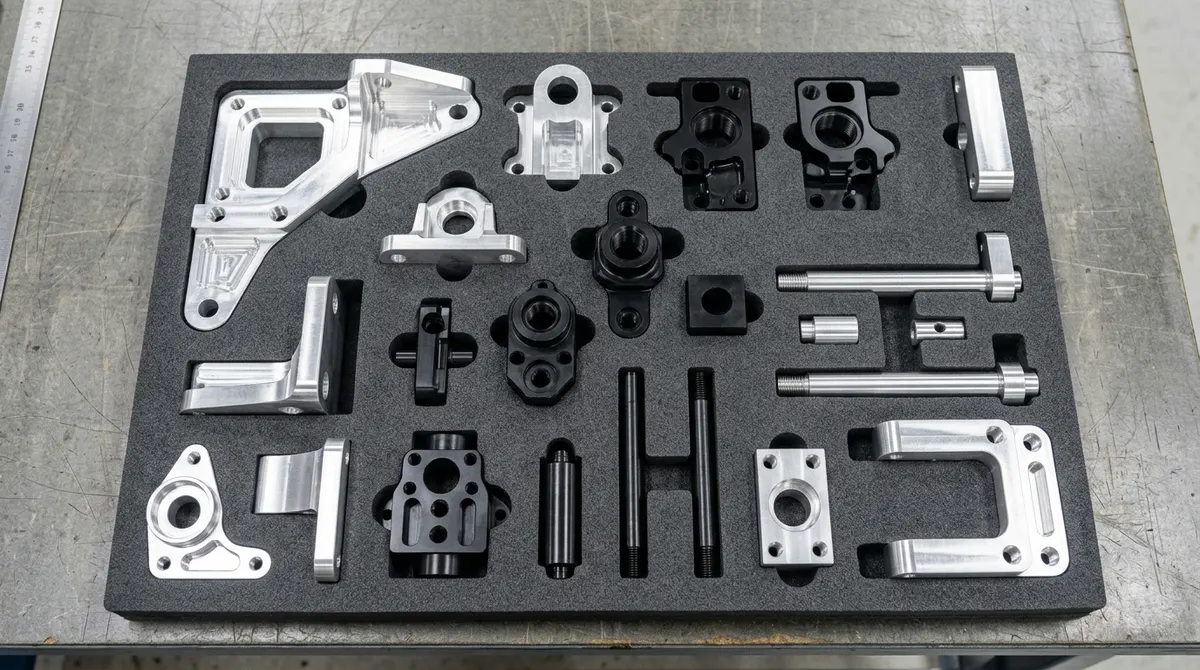 Custom precision CNC machined parts organized in custom die-cut high-density EVA foam tray for international export delivery