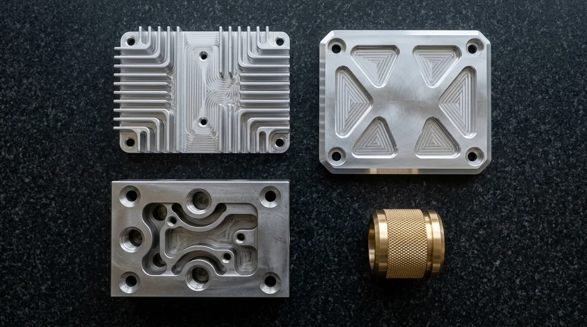 Precision custom CNC machined parts in aluminum, stainless steel, and brass resting flat on a granite inspection plate