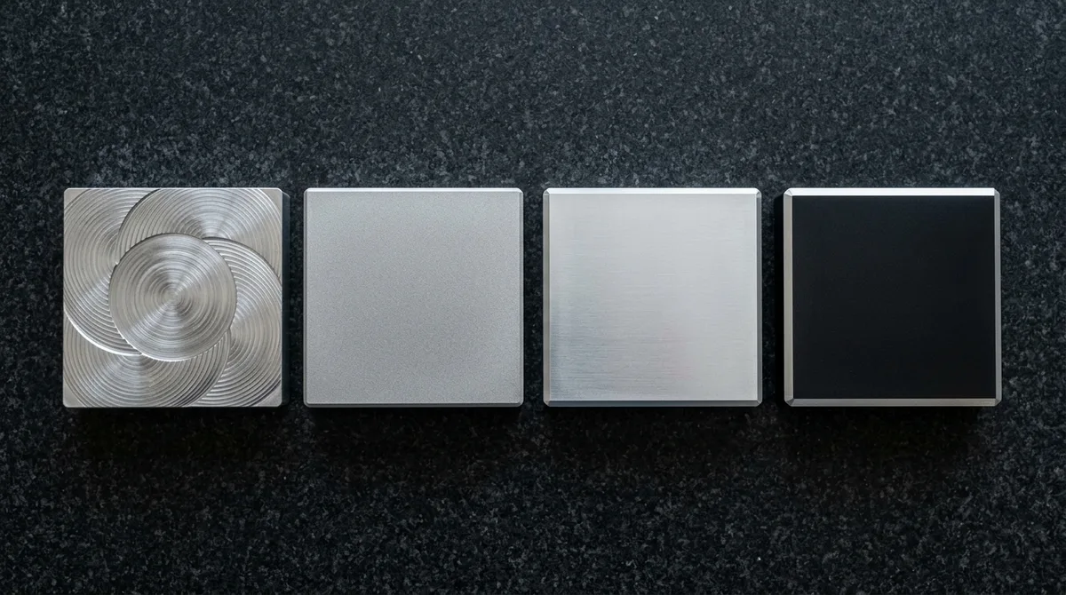 Four precision CNC machined aluminum surface finish specimens comparing as-machined, bead-blasted, clear anodized, and black hardcoat anodized surfaces flat on granite