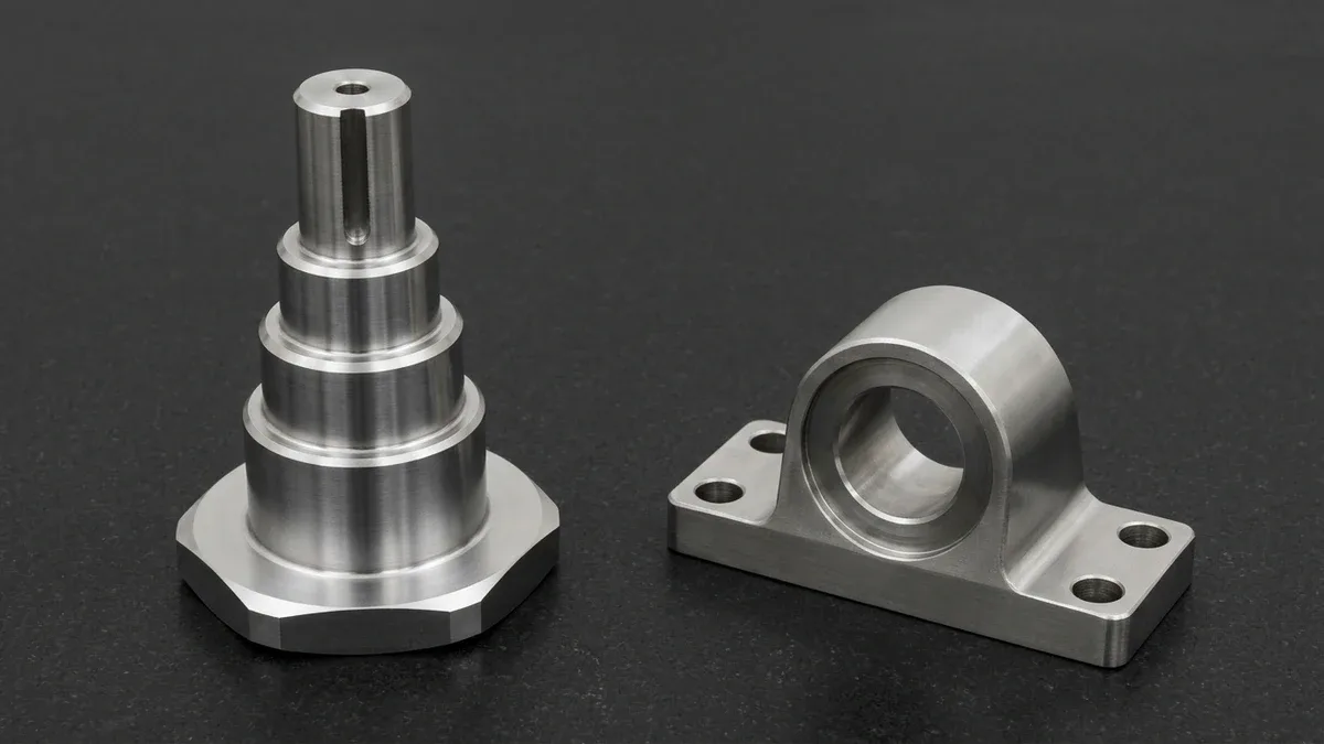 Cylindrical-Ground 4140 Stepped Shaft and 17-4PH Pillow-Block Housing FAI Cylindrical-ground 4140 alloy steel stepped shaft with hexagonal base flange alongside a 17-4PH pillow-block bearing housing