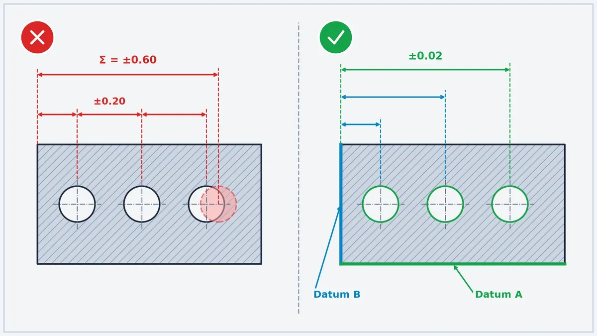 Chain Dimensioning Tolerance Stack-Up vs 3-2-1 Datum Baseline Dimensioning Schematic 2D CAD DFM schematic comparing chain dimensioning tolerance stack-up against Datum A and Datum B baseline dimensioning