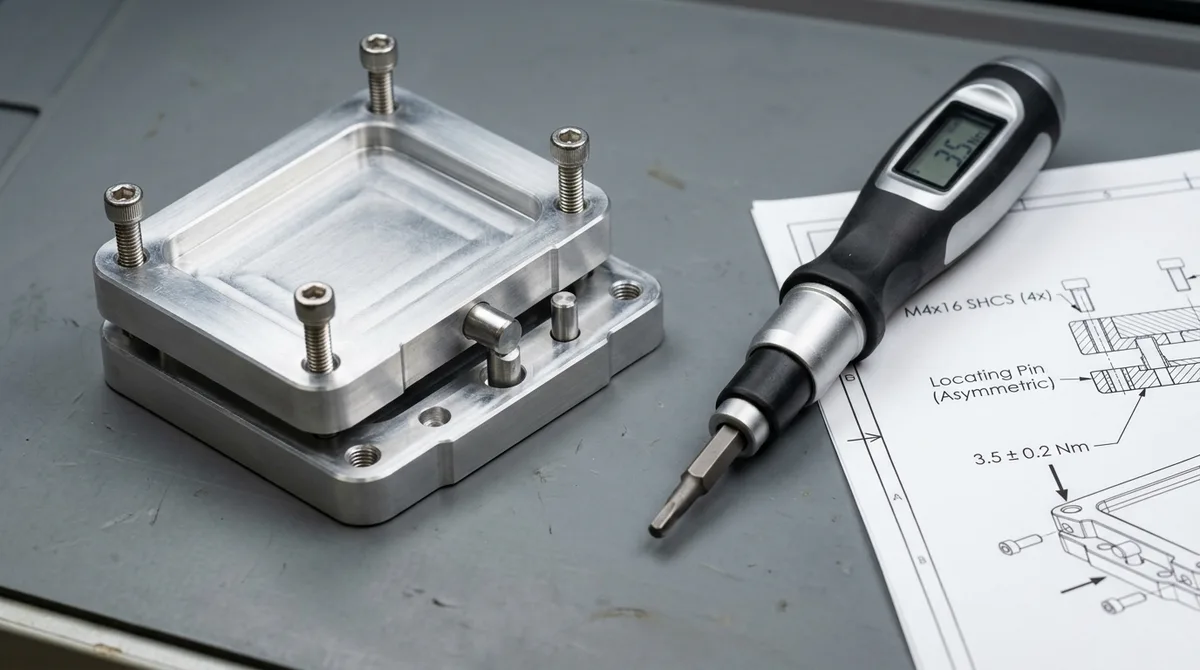 Design for Assembly DFA Subassembly Featuring Asymmetric Poka-Yoke Locating Pins and Standardized M4 Fasteners