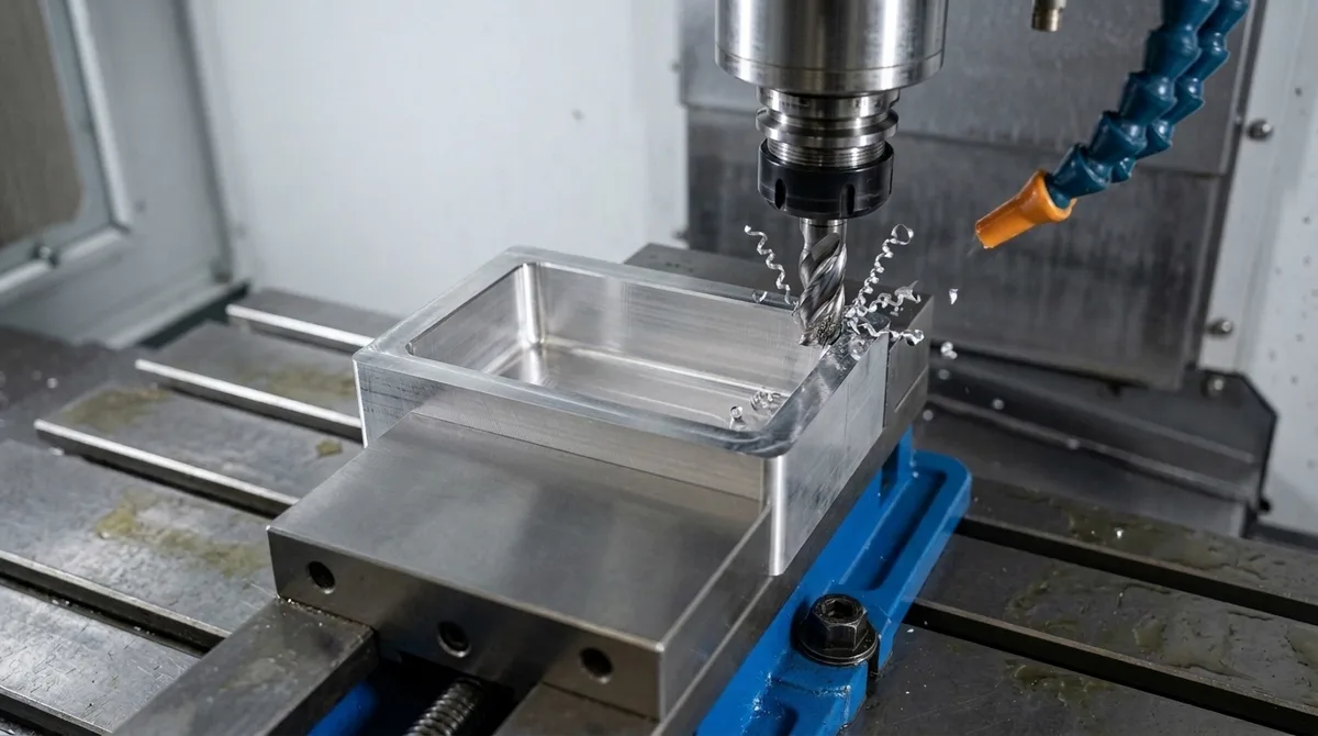 Solid carbide end mill finishing standardized internal pocket corner radius in aluminum enclosure on 3-axis CNC