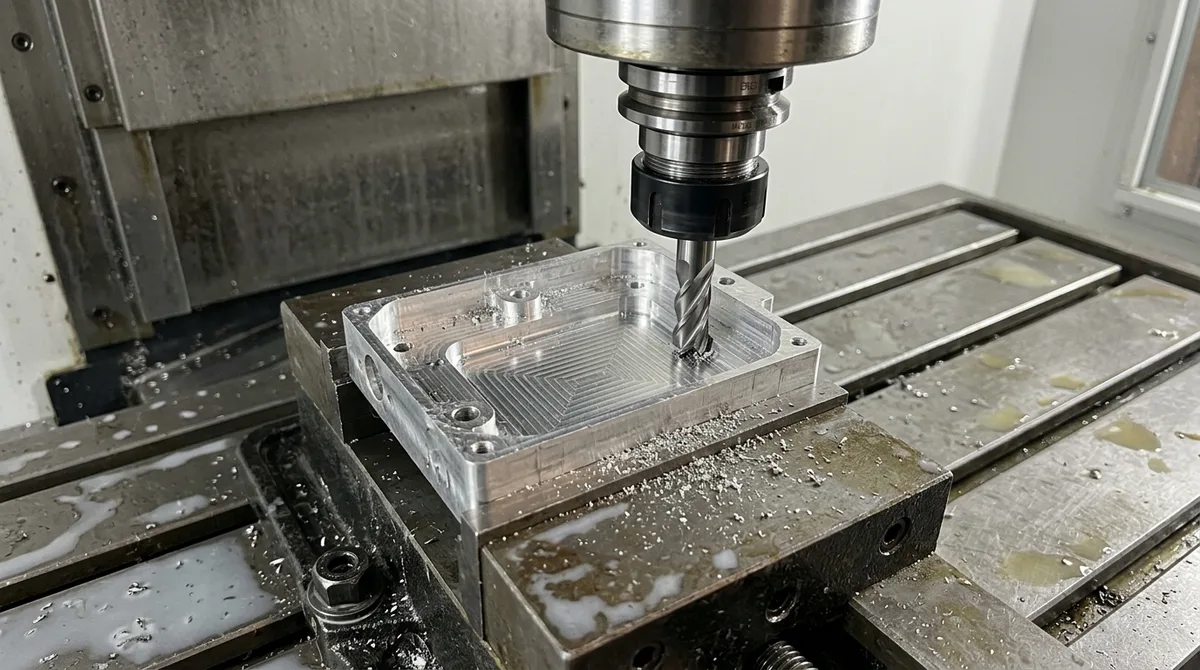 Solid carbide end mill finishing standardized internal corner radius in an aluminum prototype enclosure on a 3-axis CNC vertical milling center