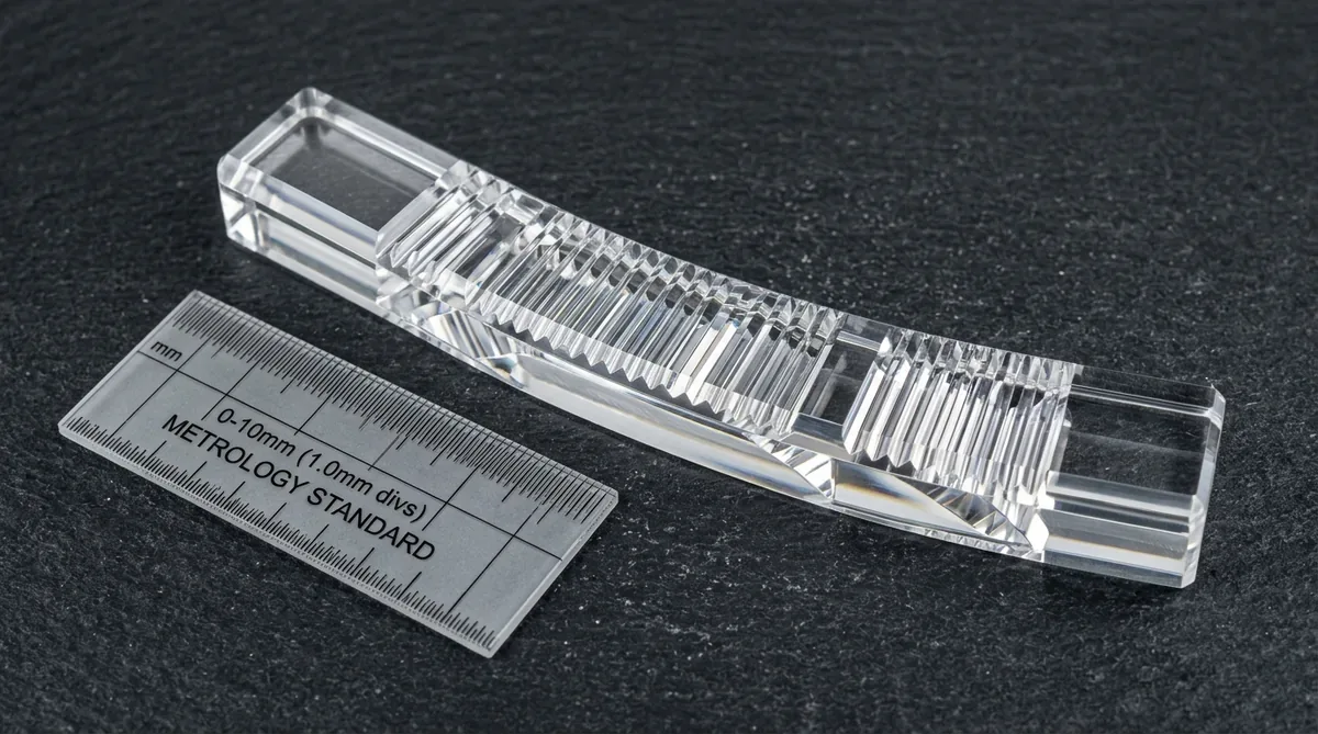Precision CNC diamond-milled optical PMMA automotive light guide with micro-groove light extraction prism teeth lying flat on dark slate beside metrology scale