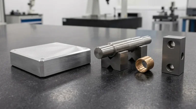 Precision CNC machined aluminum plate, stepped steel shaft on V-blocks, bronze bushing and cross-drilled block resting on black granite metrology plate