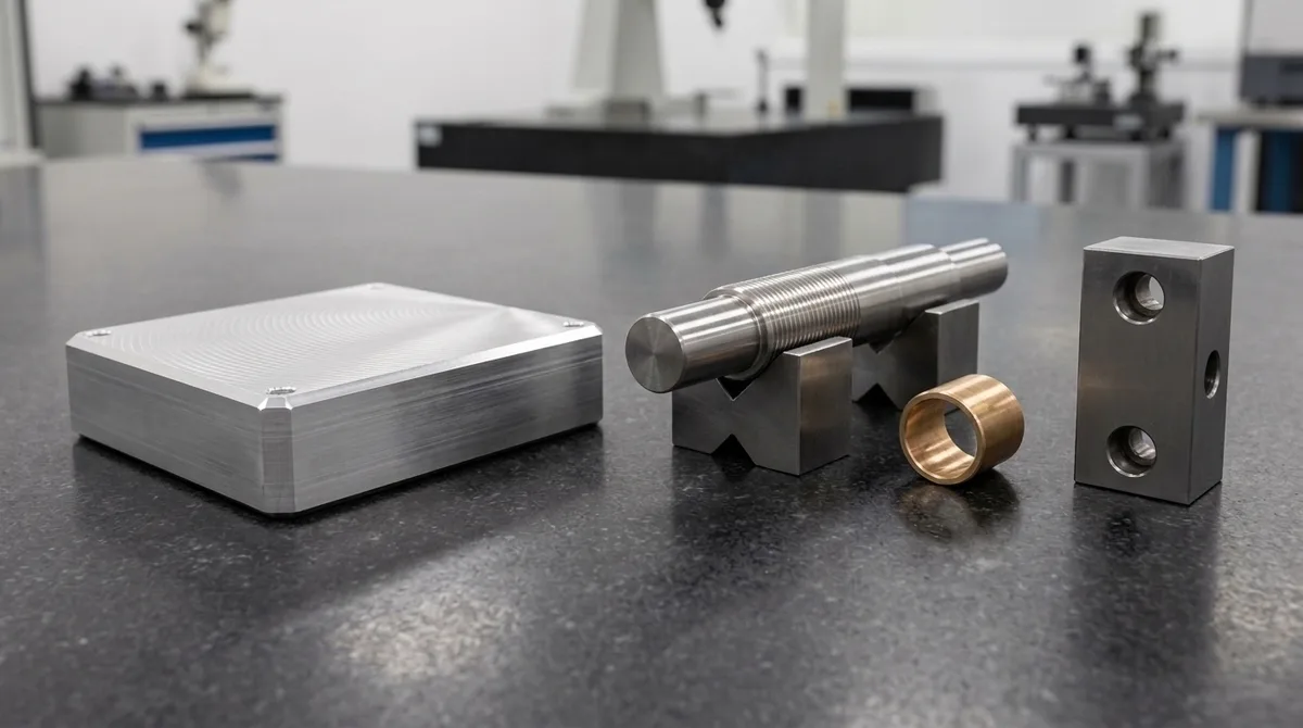 Precision CNC machined aluminum plate, stepped steel shaft on V-blocks, bronze bushing and cross-drilled block resting on black granite metrology plate