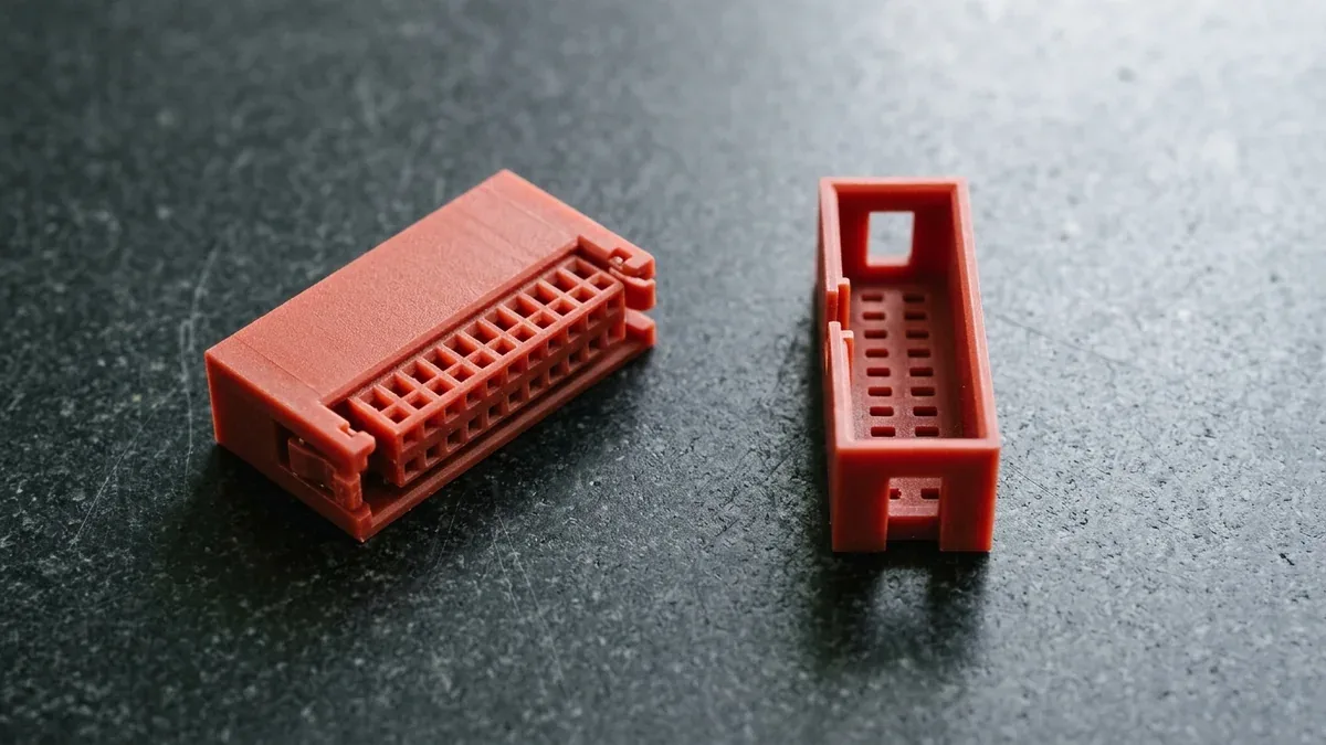 Two mating DLP red wax 3D printed board-to-board electronic connector housings with 0.25mm partition walls