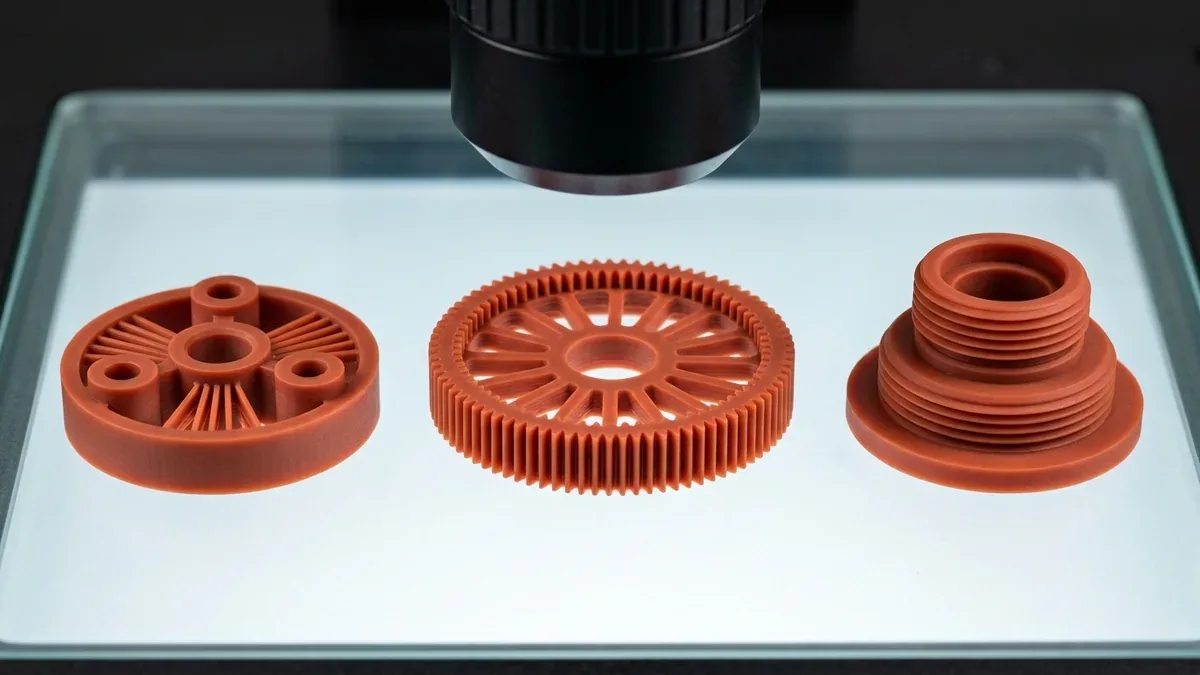 Non-contact optical vision measurement system inspecting three DLP red wax 3D printed micro-parts on backlit glass stage