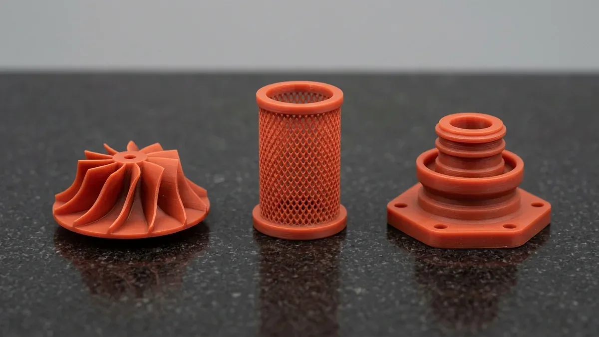 Three DLP red wax 3D printed components: curved-blade micro-impeller, diamond-mesh filter cage, and hexagonal valve body