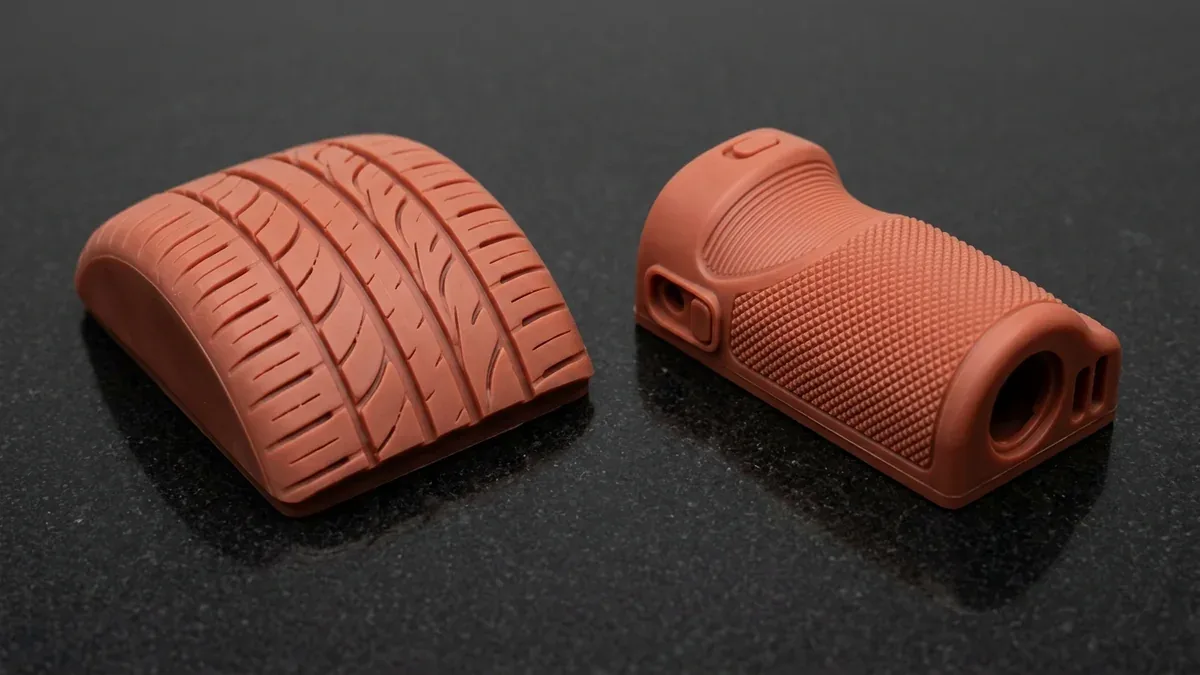Two DLP red wax 3D printed master patterns: sculpted tire tread segment block and diamond-knurled instrument grip housing