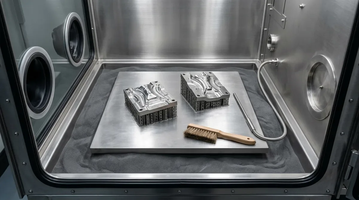 DMLS printed 1.2709 maraging steel mold core inserts unearthed in depowdering station with sacrificial supports