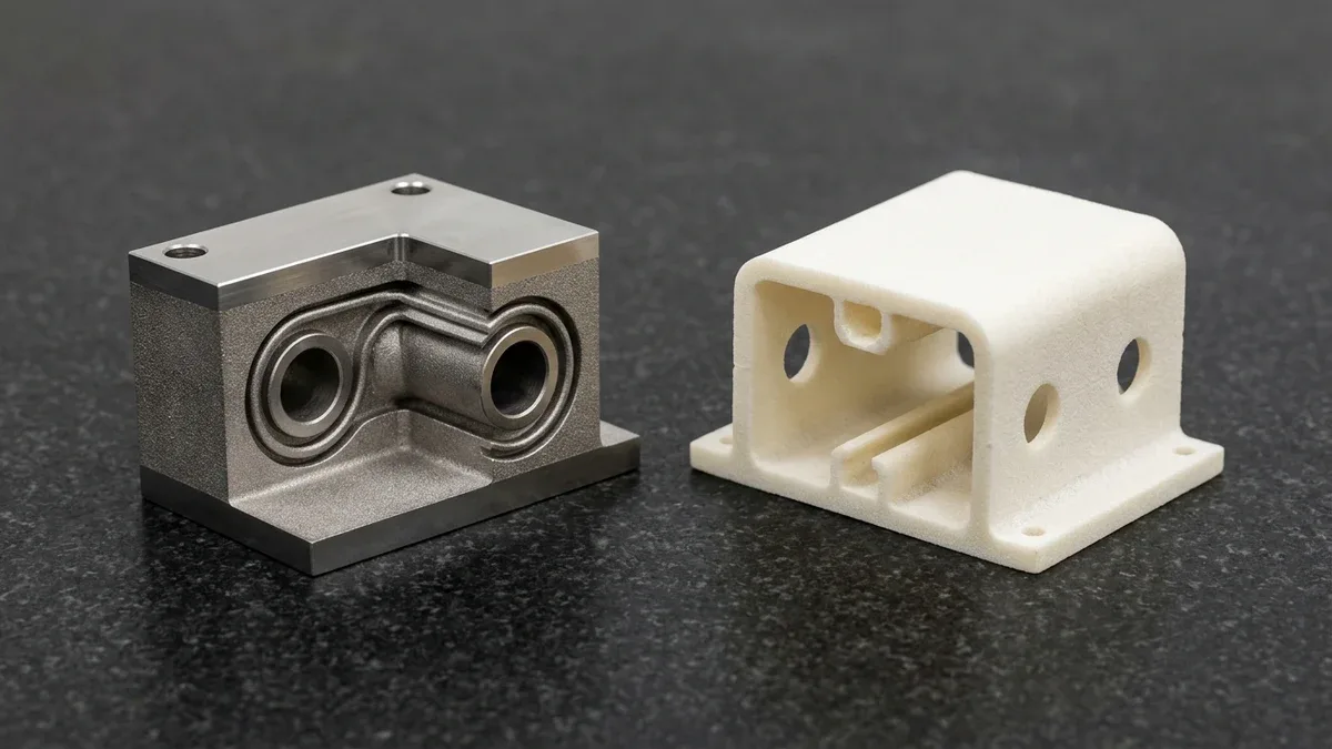 Two cutaway additive-manufactured components on black granite: quarter-sectioned DMLS maraging steel block exposing smooth internal conformal cooling channels and SLS PA12 hollow duct with 4.0mm powder drainage holes