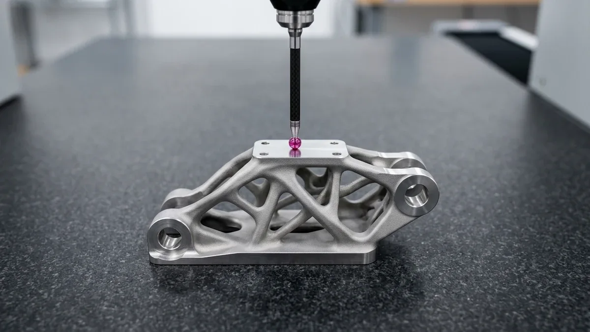 Finished DMLS Ti-6Al-4V titanium topology-optimized aerospace actuator bracket on black granite with a vertical bridge CMM ruby ball probe verifying its flat CNC post-machined top datum pad