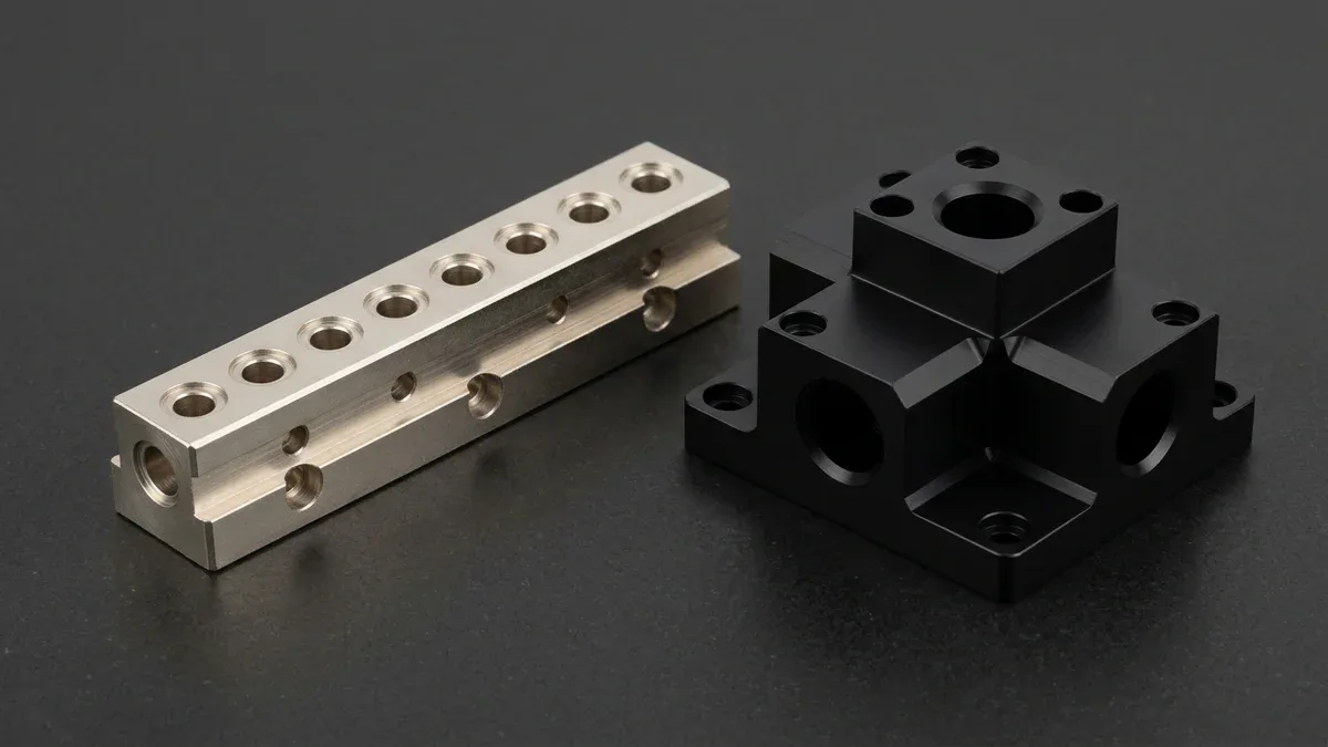 Electroless nickel plated C3604 brass linear manifold rail and matte black anodized 6061-T6 aluminum cross-bored block