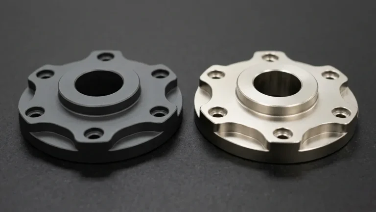 Hardcoat anodized 7075-T6 aluminum and electroless nickel plated 4140 steel rotary adapter flanges comparing surface finishes