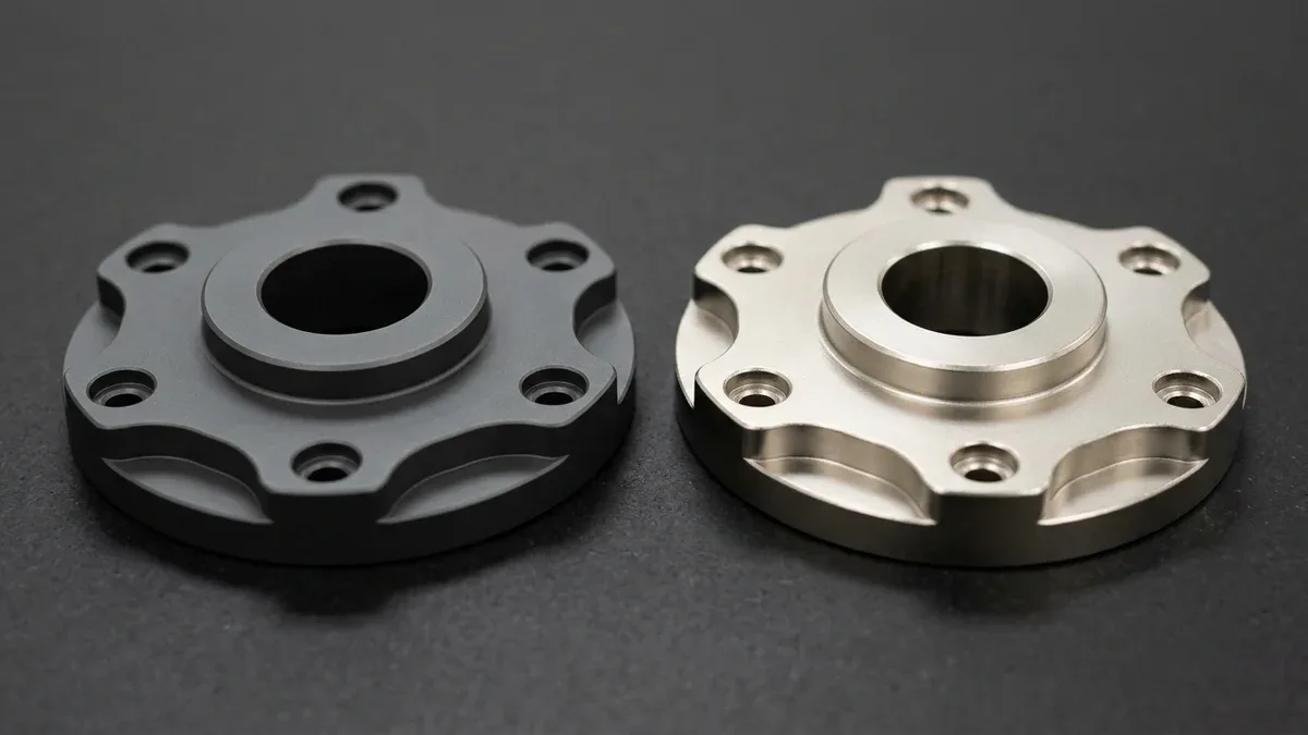 Hardcoat anodized 7075-T6 aluminum and electroless nickel plated 4140 steel rotary adapter flanges comparing surface finishes