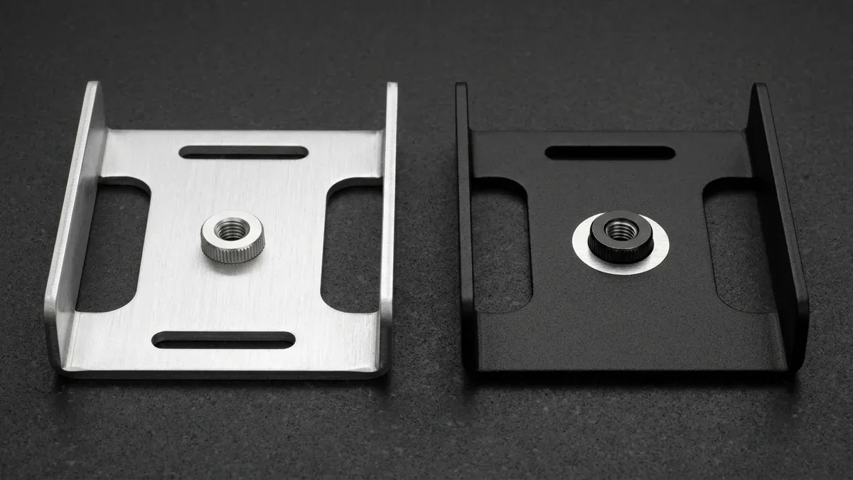 Laser-cut 2.0mm 5052-H32 aluminum U-saddle carrier brackets comparing raw brushed surface and masked matte black powder coating