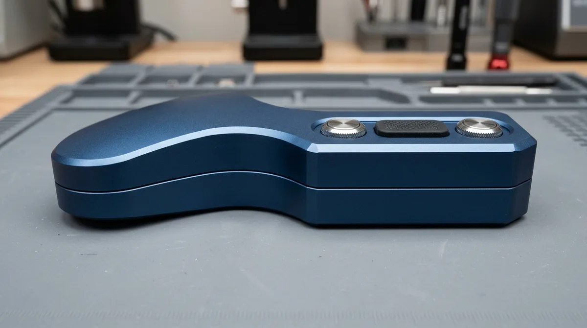 Two CNC machined halves of an ergonomic handheld controller enclosure showing uniform parting split-line seam and anodized surface finish