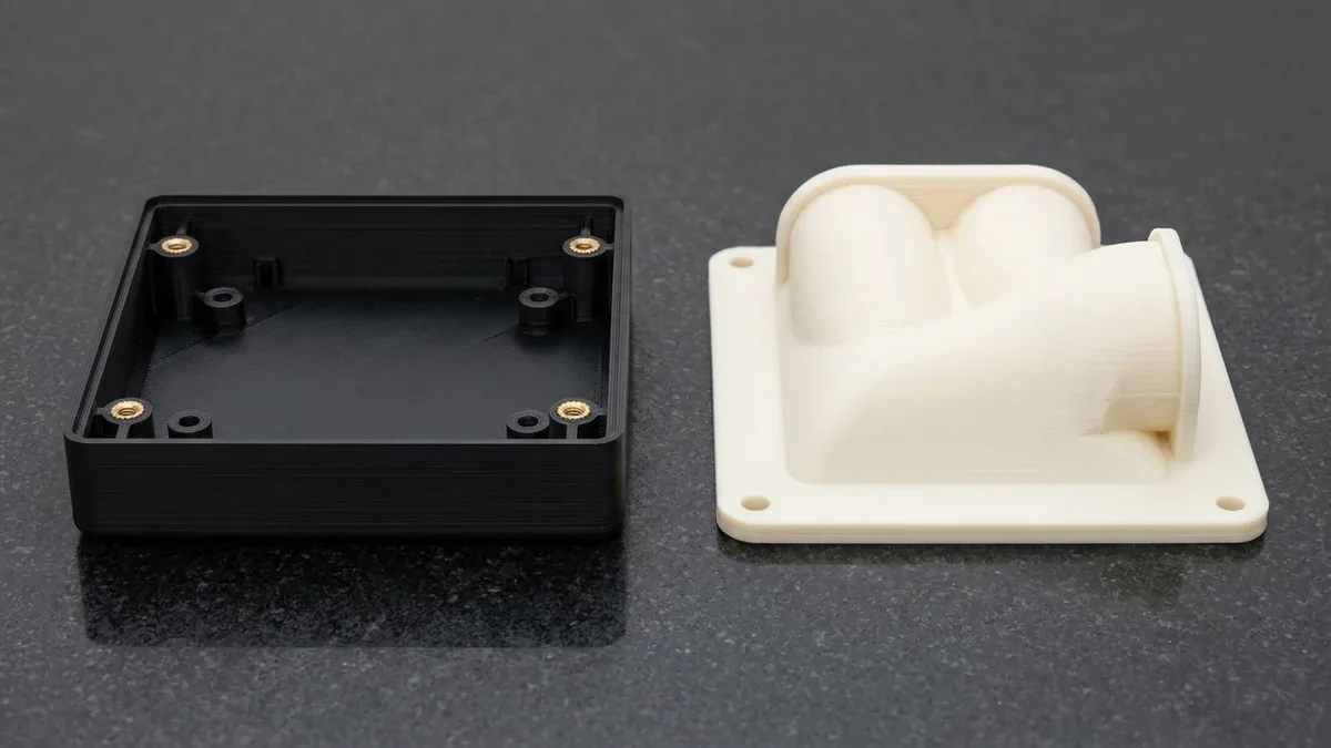 Two industrial FDM functional prototypes on black granite: matte-black PC-ABS electronics housing with heat-set knurled brass inserts and natural ivory polycarbonate flanged ventilation manifold