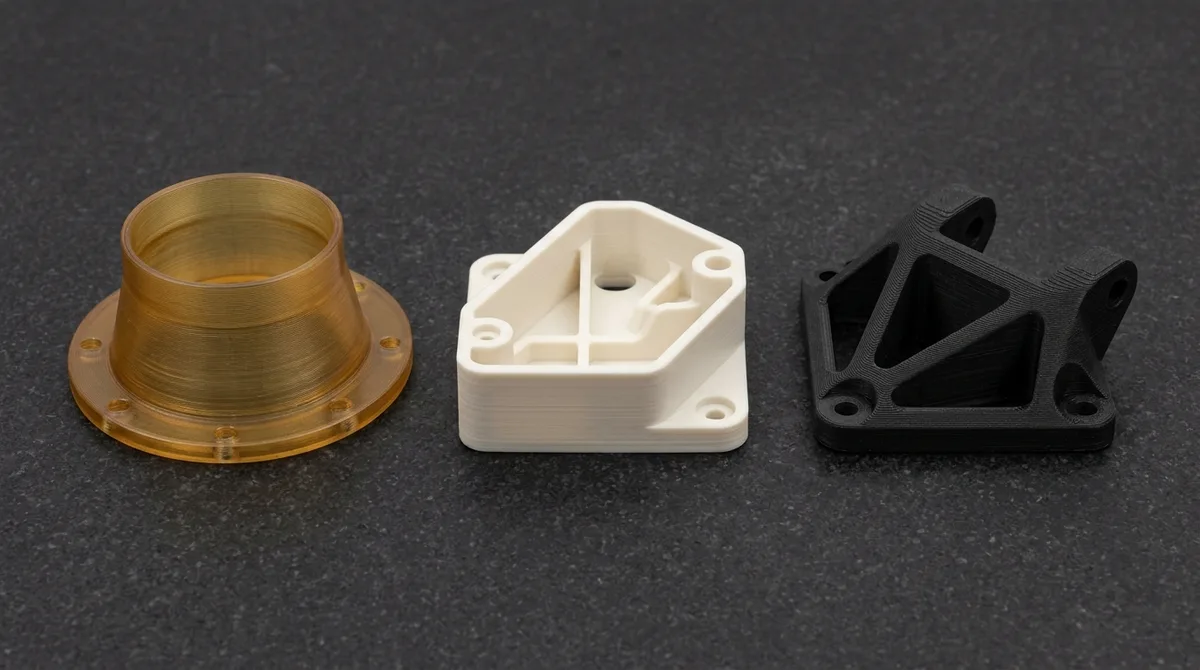 Three industrial FDM 3D printed components in amber ULTEM 9085, white polycarbonate, and black carbon-fiber PA-CF on black granite