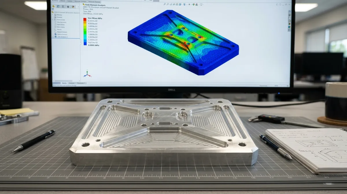 Finite element analysis FEA stress gradient model on monitor compared directly with physical CNC machined aluminum prototype lying flat on desk