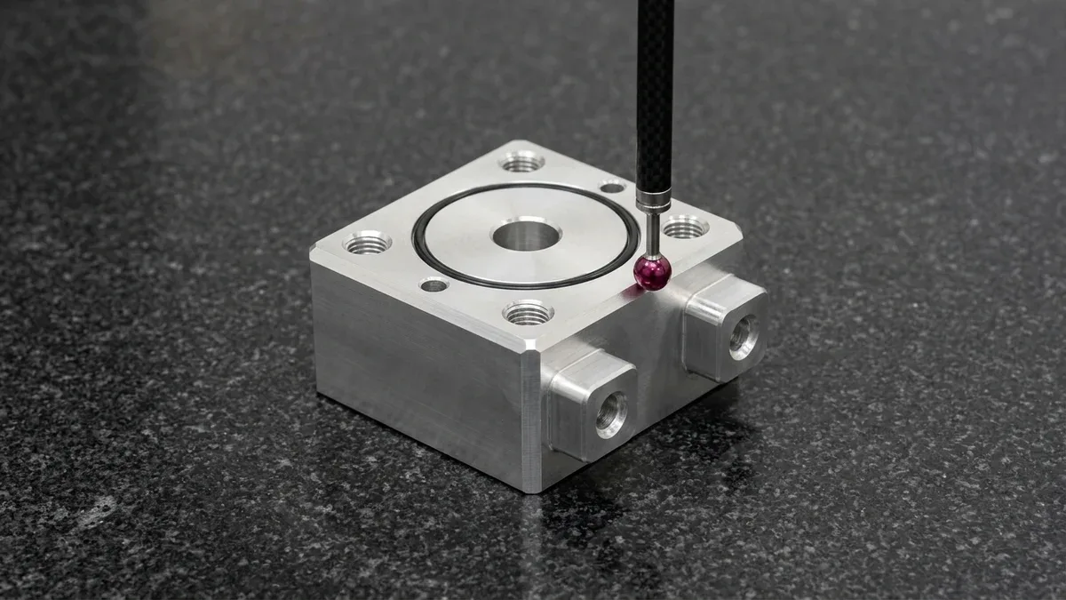 CNC-machined 7075-T6 aluminum hydraulic sensor manifold block undergoing first article inspection with a CMM ruby probe