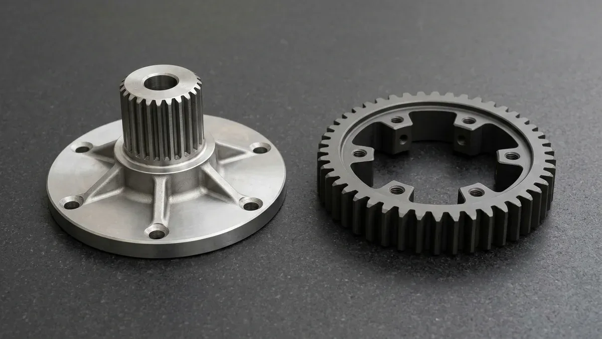 Machined 4140 steel flanged rotary involute spline drive hub alongside a dark gray nitrided internal-lug ring gear
