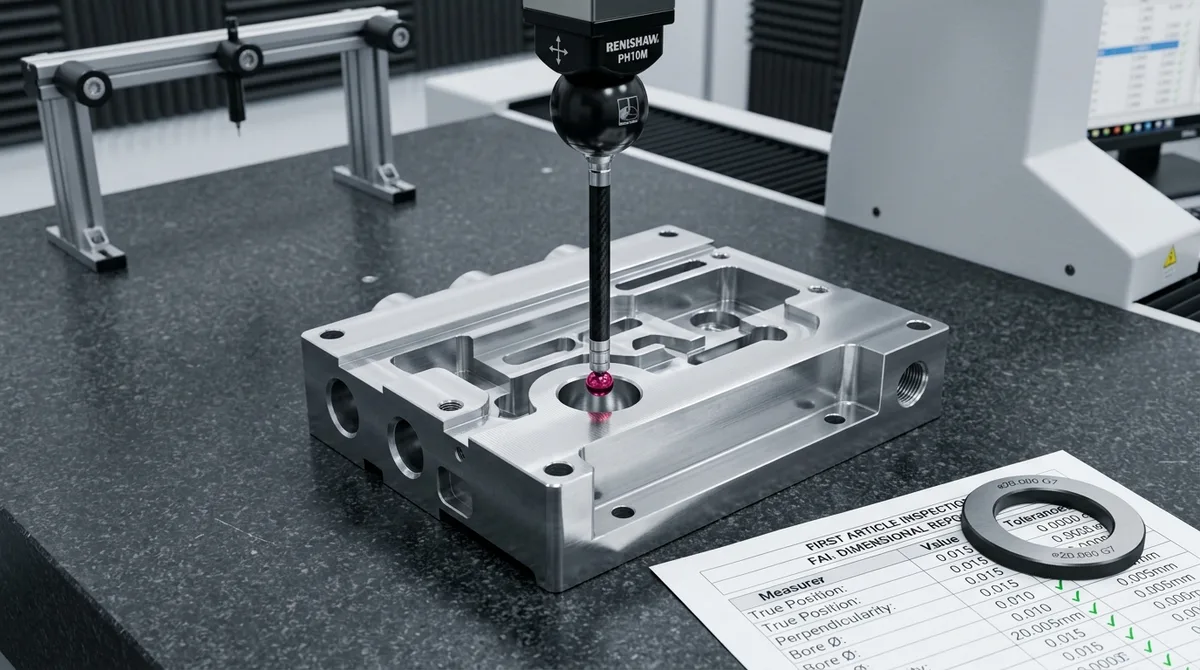 CMM Ruby Stylus Probe Verifying Internal Datum Bore Tolerances and GD&T Compliance on Machined Aluminum Manifold