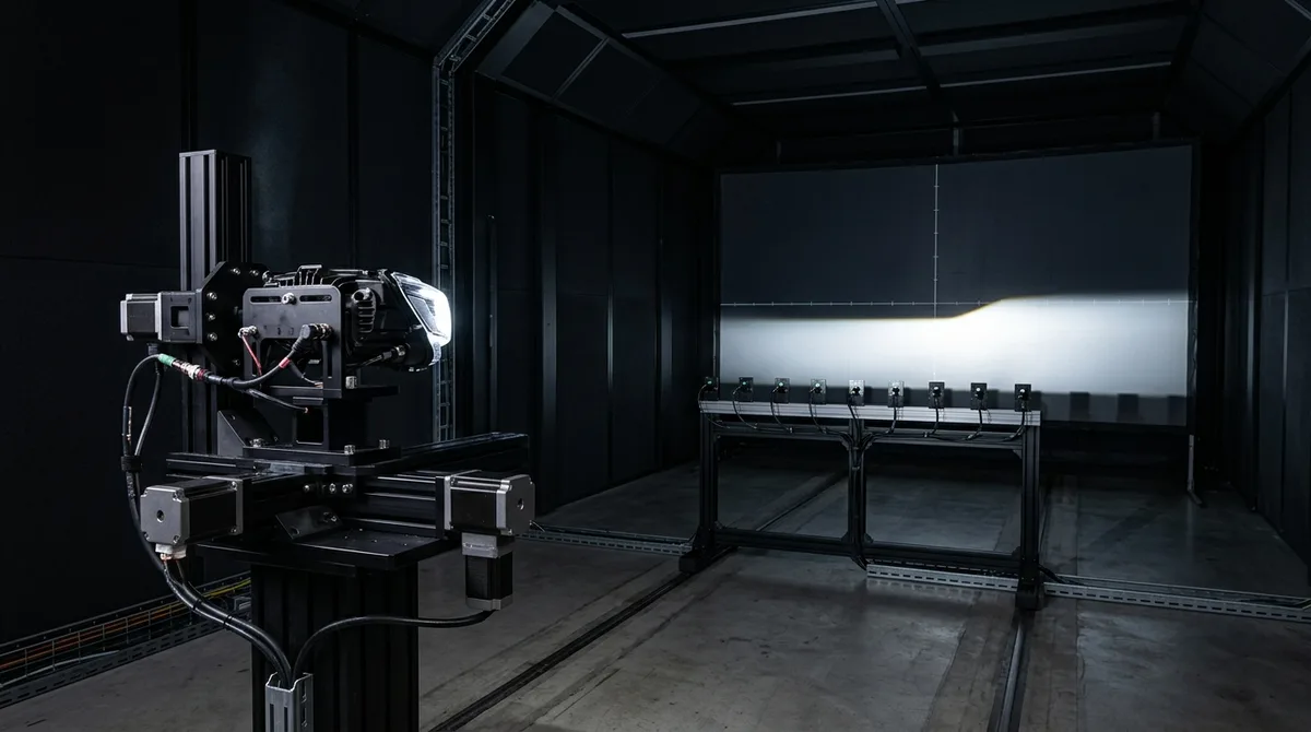 Prototype automotive LED headlamp mounted on goniophotometer test bench projecting asymmetrical low-beam cutoff pattern in 25-meter darkroom tunnel
