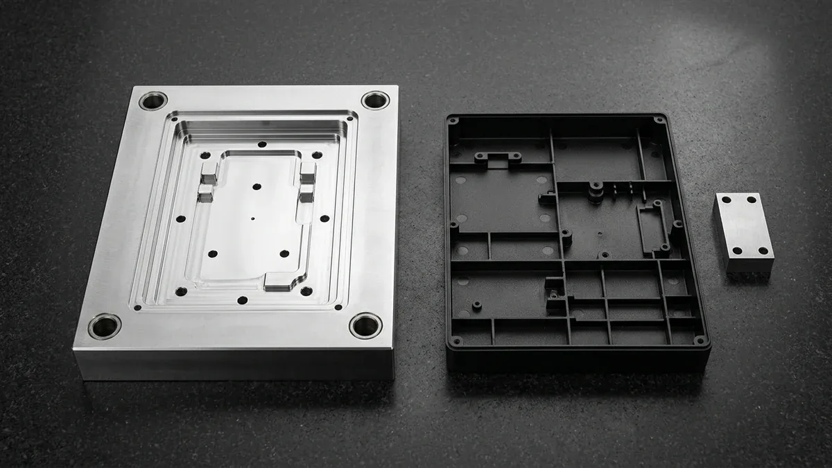 Hardened tool steel mold core with ejector pins in forward ejection stroke position matching molded PC-ABS enclosure
