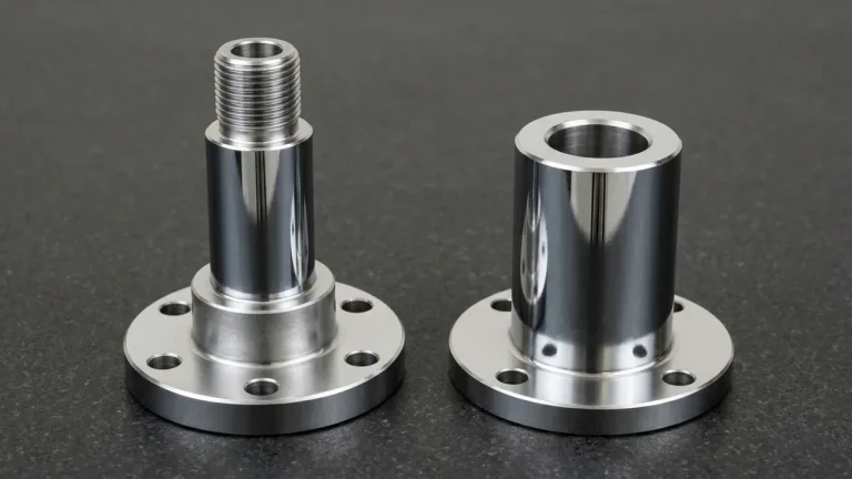 Hard-chrome-plated 4140 steel flanged hydraulic piston shaft and 17-4PH stainless steel flanged guide bushing on granite