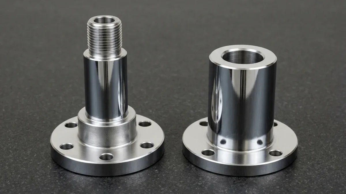 Hard-chrome-plated 4140 steel flanged hydraulic piston shaft and 17-4PH stainless steel flanged guide bushing on granite
