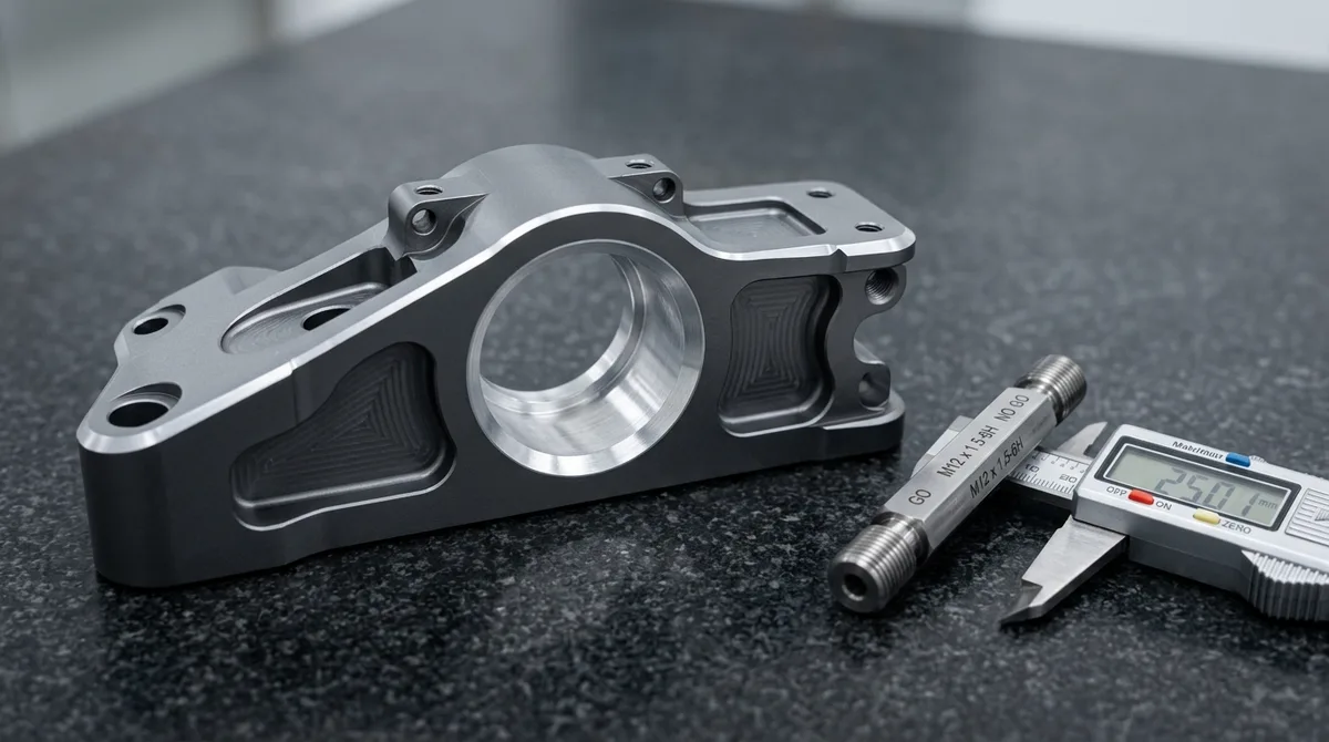 Hardcoat anodized aluminum prototype with masked bearing bore beside metric Go No-Go thread plug gauge for post-finishing dimensional inspection