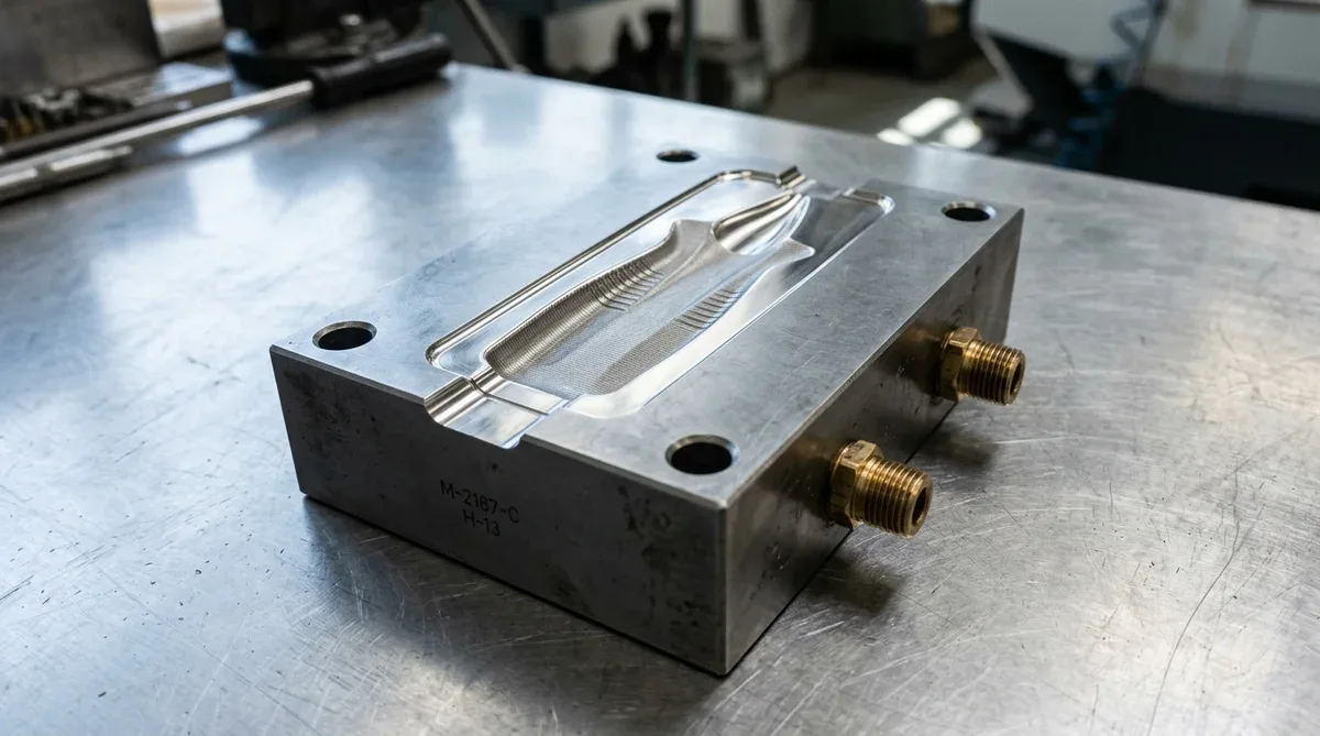 Precision CNC machined H13 tool steel mold core insert resting completely flat on a steel workbench with EDM textured handle cavity and mirror-polished shut-off lands