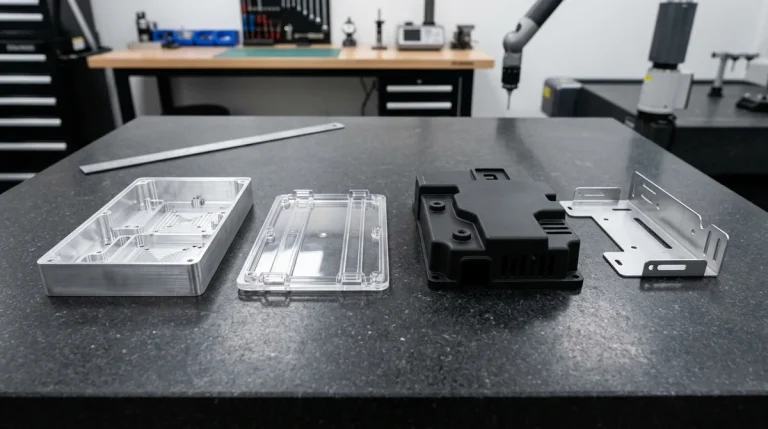 Precision hardware prototype components including CNC milled aluminum chassis, clear SLA cover, vacuum cast housing, and sheet metal bracket on granite metrology plate
