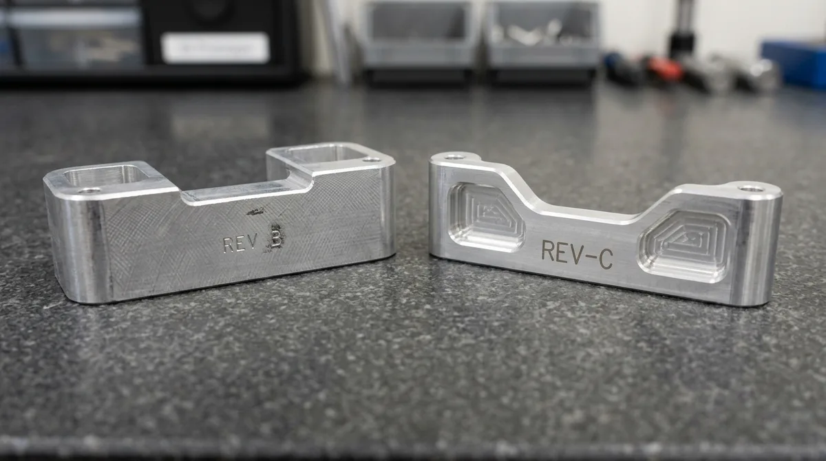Side-by-side comparison of CNC milled prototype brackets showing progression from heavier Rev B to optimized lightweight Rev C with laser marking
