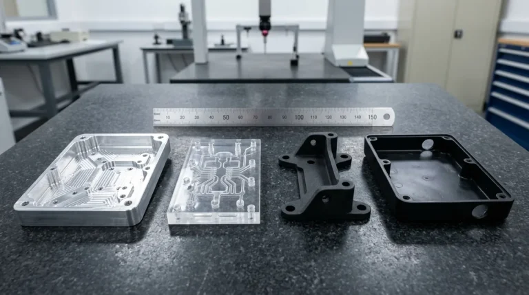 Multi-process hardware prototype components including 5-axis CNC machined aluminum chassis, optical SLA acrylic manifold, and SLS PA12 nylon bracket resting flat on granite inspection table