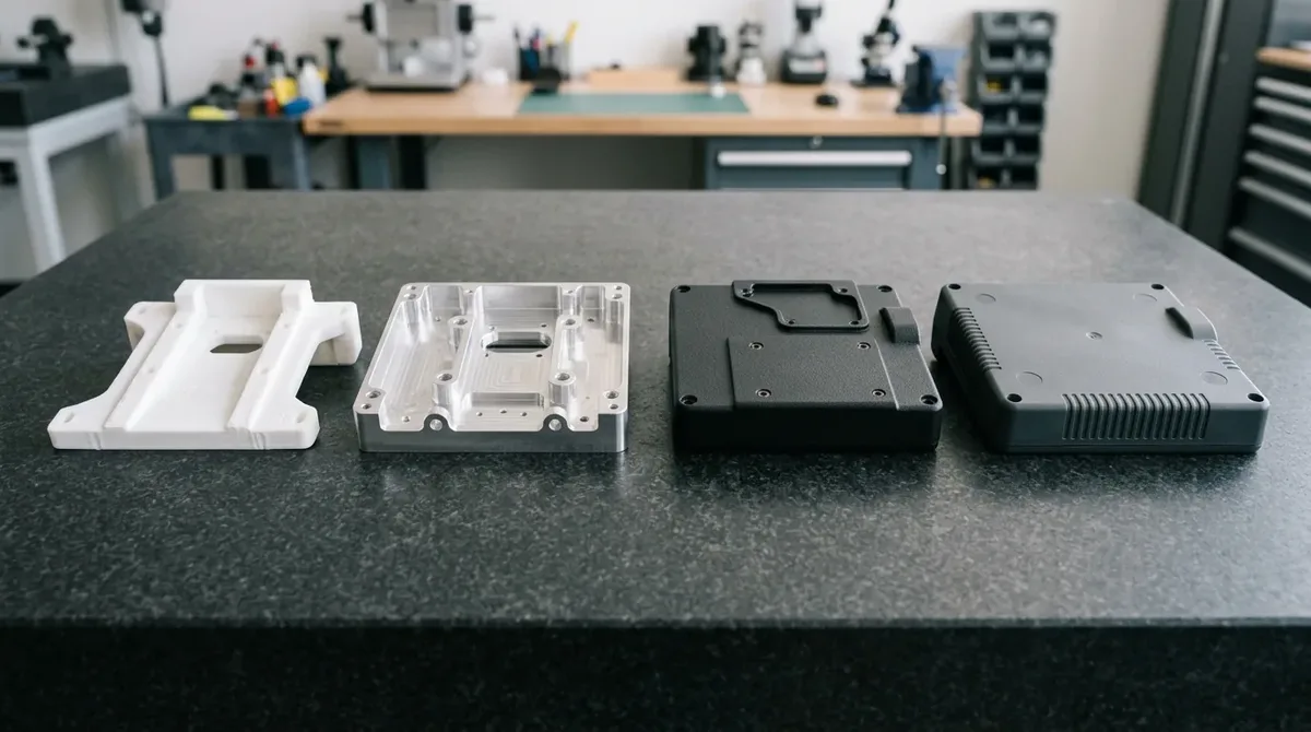 Sequential Hardware Validation Prototype Parts for PoC, EVT, DVT, and PVT Stages Lying Flat on Granite Metrology Table