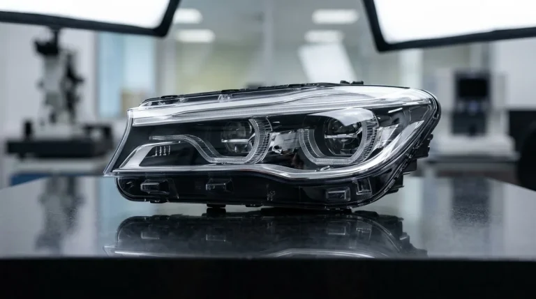 Automotive LED headlamp industrial prototype assembly featuring optical clear PMMA lens and precision metallized reflector resting on granite table