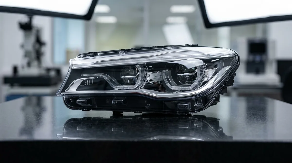 Automotive LED headlamp industrial prototype assembly featuring optical clear PMMA lens and precision metallized reflector resting on granite table