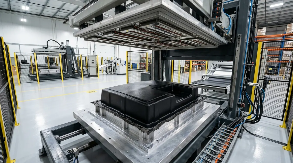 Automated heavy-gauge vacuum thermoforming machine forming black ABS enclosure shroud over CNC aluminum mold tooling